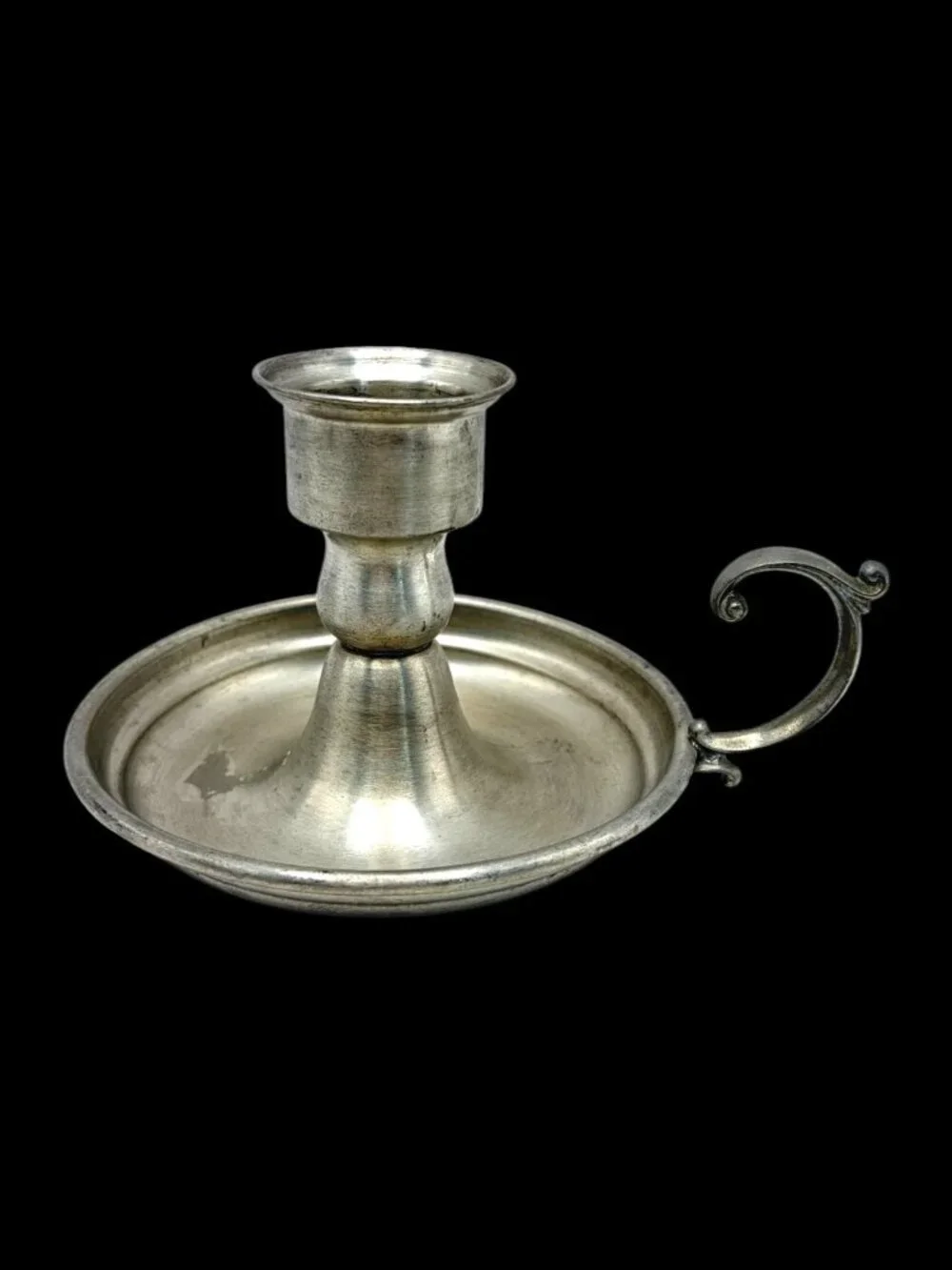 Vintage Pewter Chamberstick Candlestick Finger Handle Colonial Style 5.5